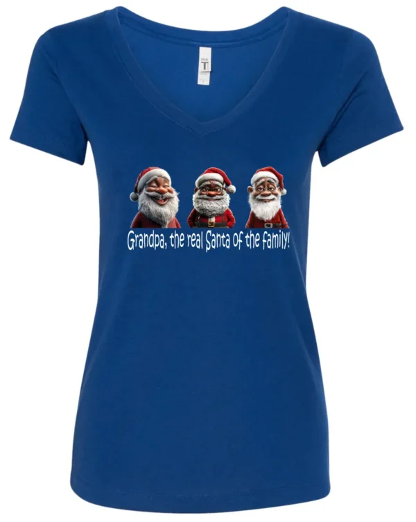 blue funny santa v-neck tshirt featuring three black grandpa dressed as santa claus and it says grandpa the real santa of the family