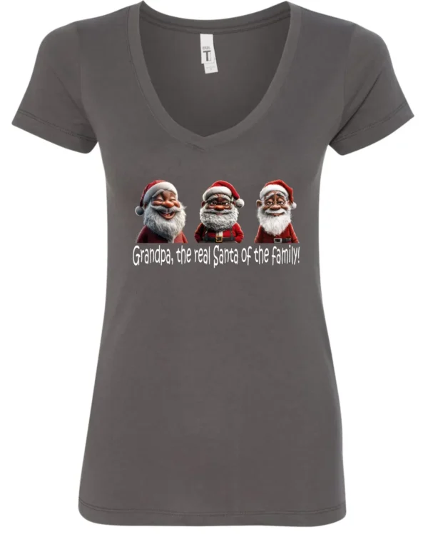 gray funny santa v-neck tshirt featuring three black grandpa dressed as santa claus and it says grandpa the real santa of the family
