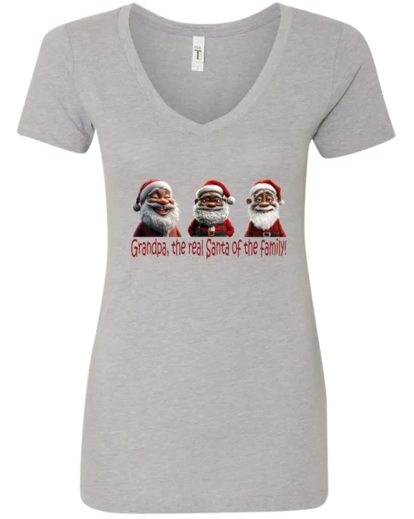 silver funny santa v-neck tshirt featuring three black grandpa dressed as santa claus and it says grandpa the real santa of the family