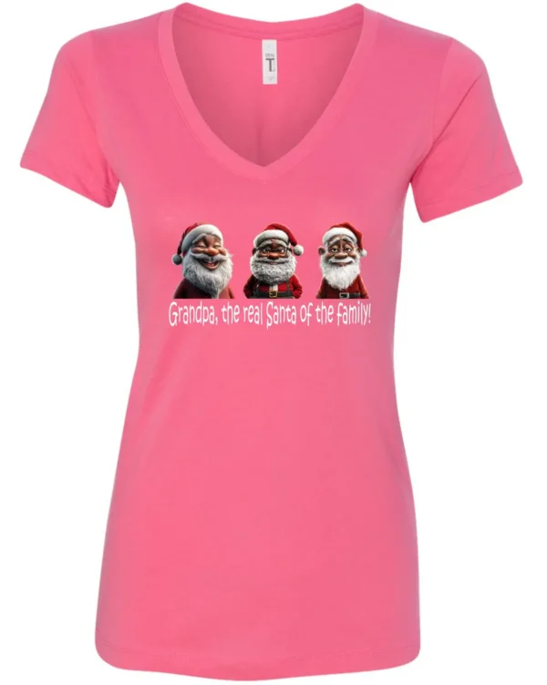 pink funny santa v-neck tshirt featuring three black grandpa dressed as santa claus and it says grandpa the real santa of the family
