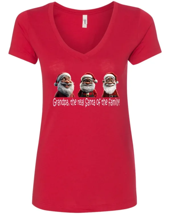 red funny santa v-neck tshirt featuring three black grandpa dressed as santa claus and it says grandpa the real santa of the family