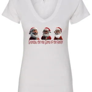 white funny santa v-neck tshirt featuring three black grandpa dressed as santa claus and it says grandpa the real santa of the family