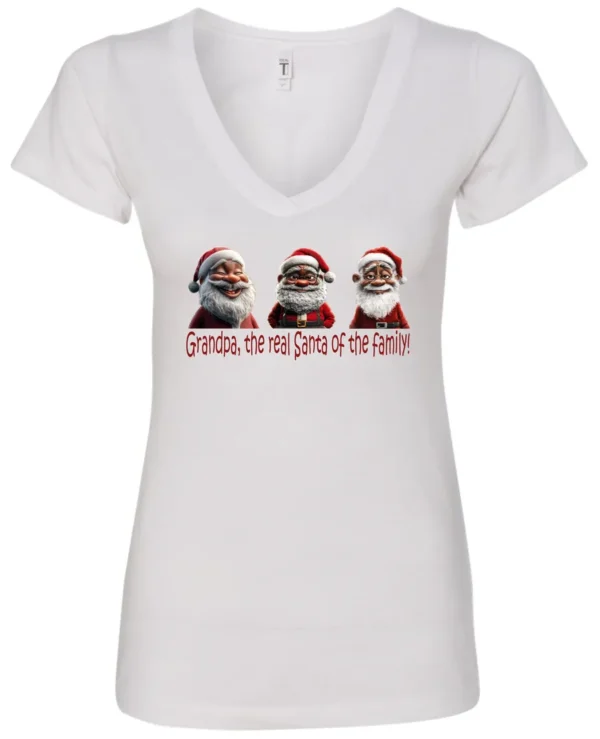 white funny santa v-neck tshirt featuring three black grandpa dressed as santa claus and it says grandpa the real santa of the family