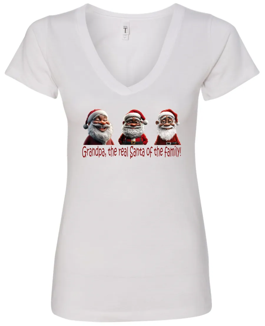 white funny santa v-neck tshirt featuring three black grandpa dressed as santa claus and it says grandpa the real santa of the family