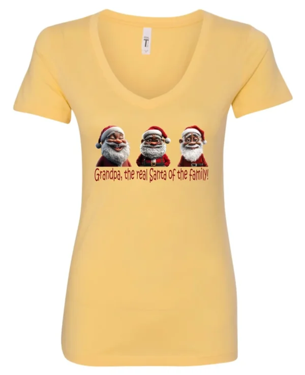yellow funny santa v-neck tshirt featuring three black grandpa dressed as santa claus and it says grandpa the real santa of the family