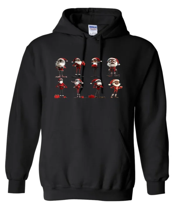 black funny christmas hoodie featuring eight different skinny black santa claus