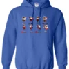 blue funny christmas hoodie featuring eight different skinny black santa claus