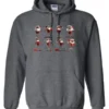 gray funny christmas hoodie featuring eight different skinny black santa claus