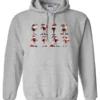 silver funny christmas hoodie featuring eight different skinny black santa claus