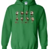green funny christmas hoodie featuring eight different skinny black santa claus