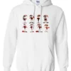 white funny christmas hoodie featuring eight different skinny black santa claus