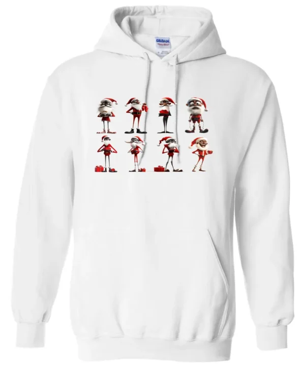 white funny christmas hoodie featuring eight different skinny black santa claus