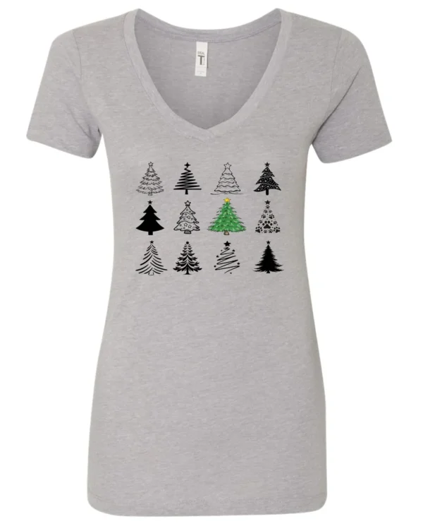silver christmas v-neck tshirt featuring twelve different christmas trees