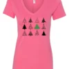 pink christmas v-neck tshirt featuring twelve different christmas trees