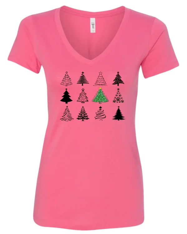 pink christmas v-neck tshirt featuring twelve different christmas trees