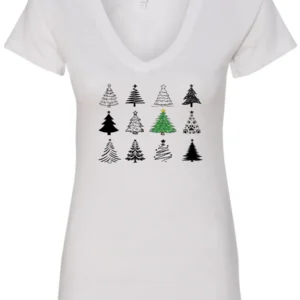 white christmas v-neck tshirt featuring twelve different christmas trees