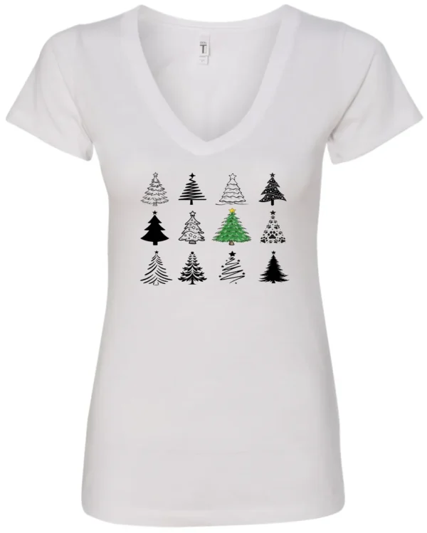 white christmas v-neck tshirt featuring twelve different christmas trees