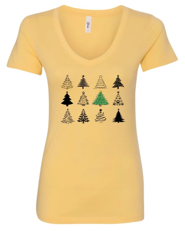 yellow christmas v-neck tshirt featuring twelve different christmas trees