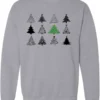 silver christmas sweatshirt featuring twelve different christmas trees