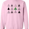 pink christmas sweatshirt featuring twelve different christmas trees