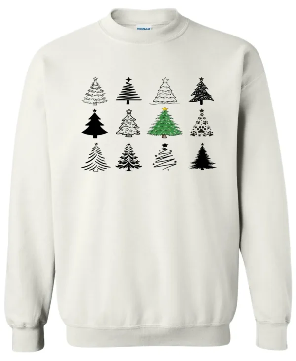 white christmas sweatshirt featuring twelve different christmas trees
