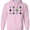 pink christmas hoodie featuring twelve different christmas trees