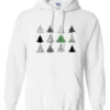 white christmas hoodie featuring twelve different christmas trees
