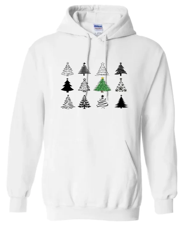 white christmas hoodie featuring twelve different christmas trees