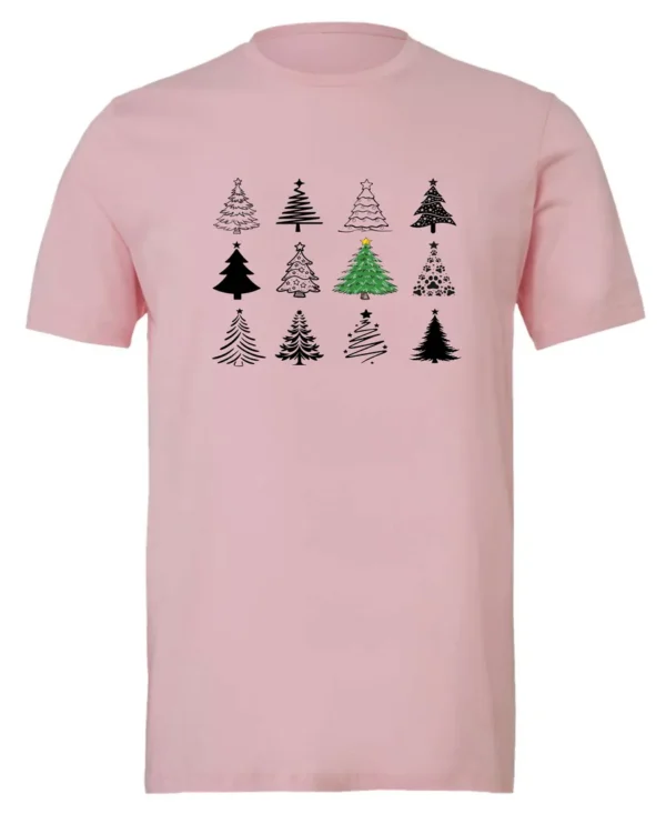 pink christmas t- shirt featuring twelve different christmas trees