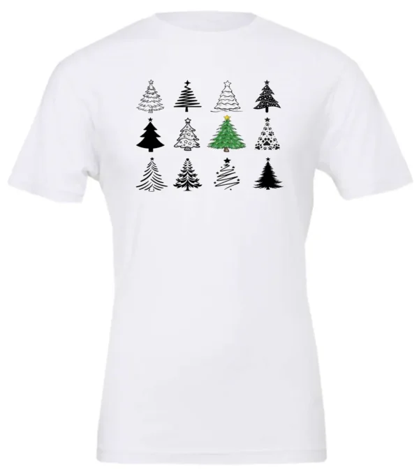 white christmas t- shirt featuring twelve different christmas trees