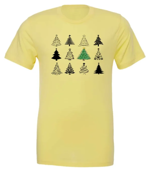 yellow christmas t- shirt featuring twelve different christmas trees