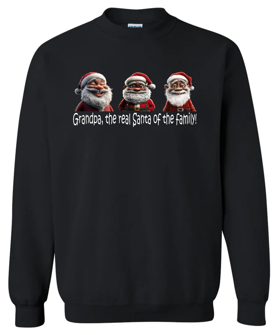 black funny santa sweatshirt featuring three black grandpa dressed as santa claus and it says grandpa the real santa of the family
