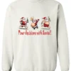white naughty santa sweatshirt featuring three drunk santa claus running that says pour decisions with santa