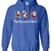 blue naughty santa hoodie featuring three drunk santa claus running that says pour decisions with santa