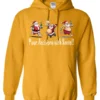 gold naughty santa hoodie featuring three drunk santa claus running that says pour decisions with santa