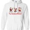 white naughty santa hoodie featuring three drunk santa claus running that says pour decisions with santa