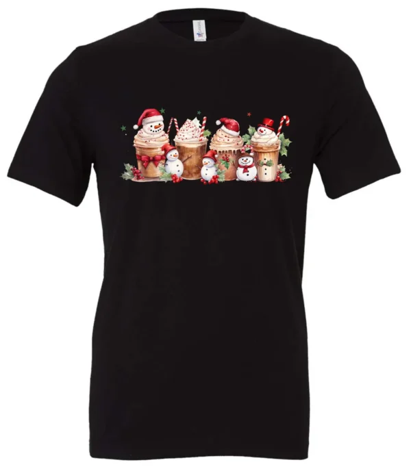 black starbucks lover t-shirt featuring four colorful frappuccino cups and three snowman
