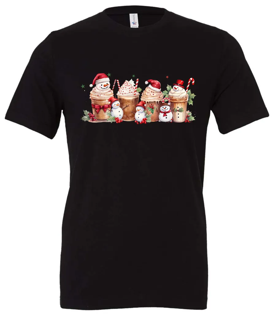 black starbucks lover t-shirt featuring four colorful frappuccino cups and three snowman