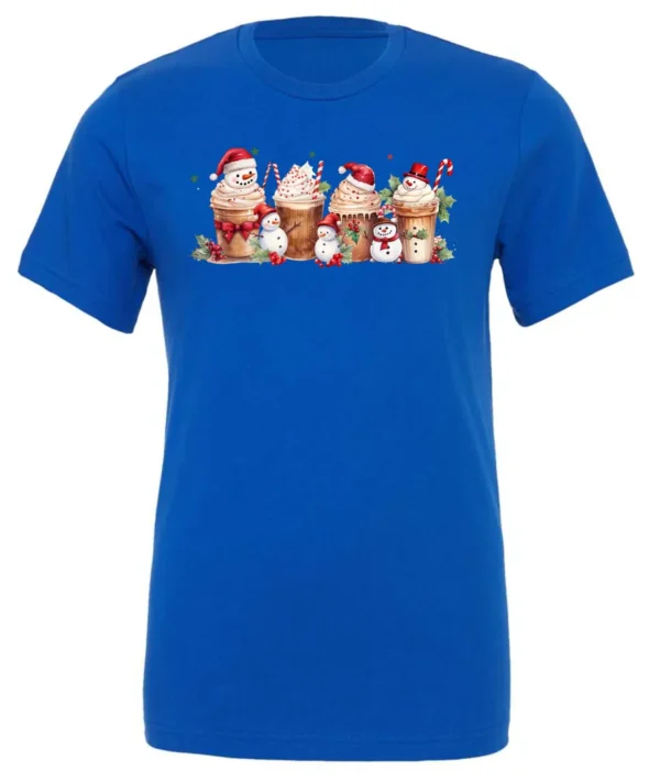 blue starbucks lover t-shirt featuring four colorful frappuccino cups and three snowman