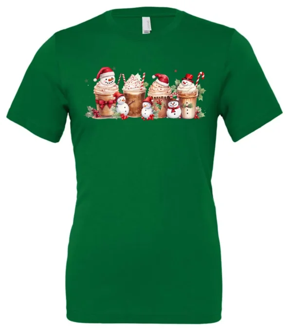 green starbucks lover t-shirt featuring four colorful frappuccino cups and three snowman