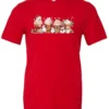 red starbucks lover t-shirt featuring four colorful frappuccino cups and three snowman