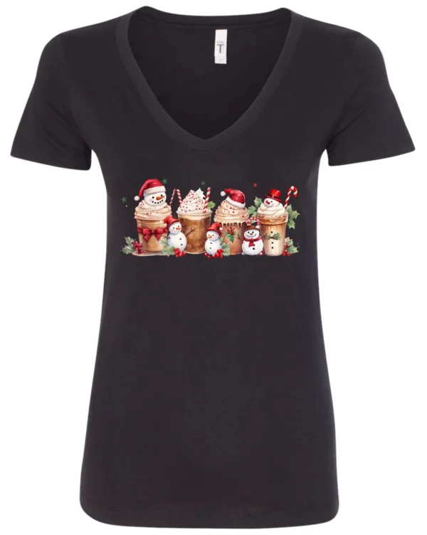 black starbucks lover v-neck tshirt featuring four colorful frappuccino cups and three snowman