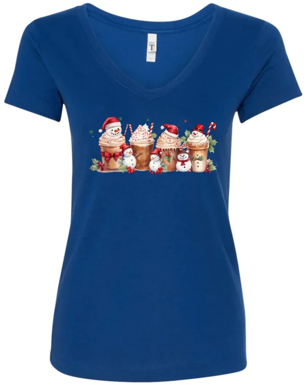 blue starbucks lover v-neck tshirt featuring four colorful frappuccino cups and three snowman