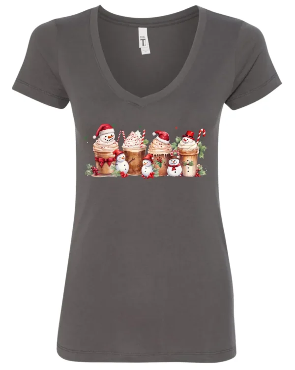 gray starbucks lover v-neck tshirt featuring four colorful frappuccino cups and three snowman