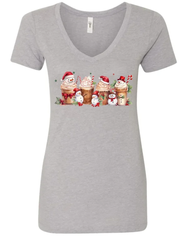 silver starbucks lover v-neck tshirt featuring four colorful frappuccino cups and three snowman