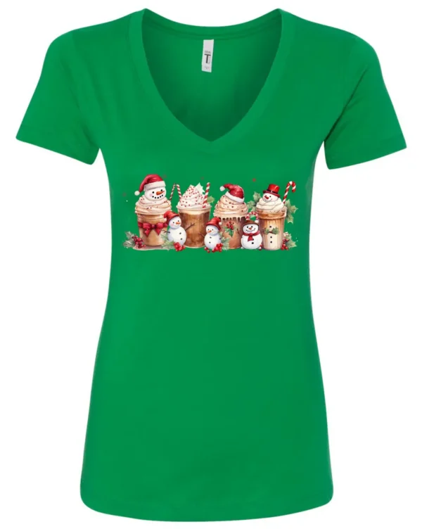 green starbucks lover v-neck tshirt featuring four colorful frappuccino cups and three snowman