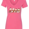 pink starbucks lover v-neck tshirt featuring four colorful frappuccino cups and three snowman