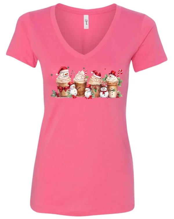 pink starbucks lover v-neck tshirt featuring four colorful frappuccino cups and three snowman