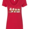red starbucks lover v-neck tshirt featuring four colorful frappuccino cups and three snowman