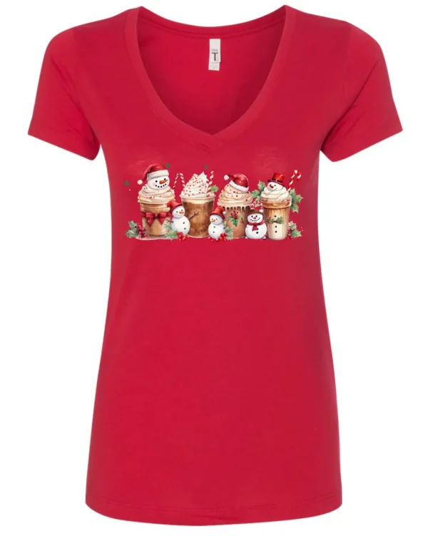 red starbucks lover v-neck tshirt featuring four colorful frappuccino cups and three snowman